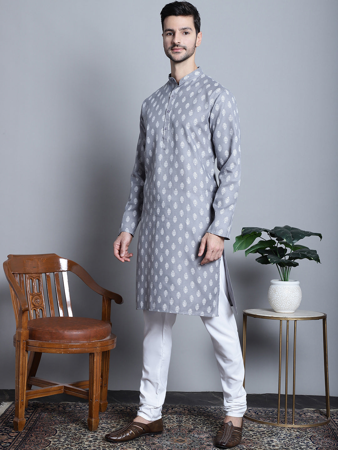 Jompers Men's Cotton Floral printed kurta Pyjama - Dark-Grey - Distacart