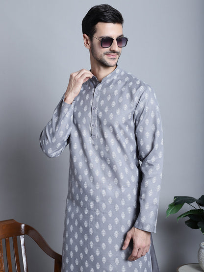 Jompers Men's Cotton Floral printed kurta Pyjama - Dark-Grey - Distacart