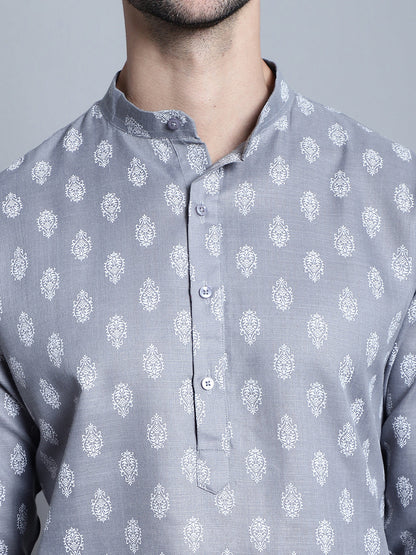 Jompers Men's Cotton Floral printed kurta Pyjama - Dark-Grey - Distacart