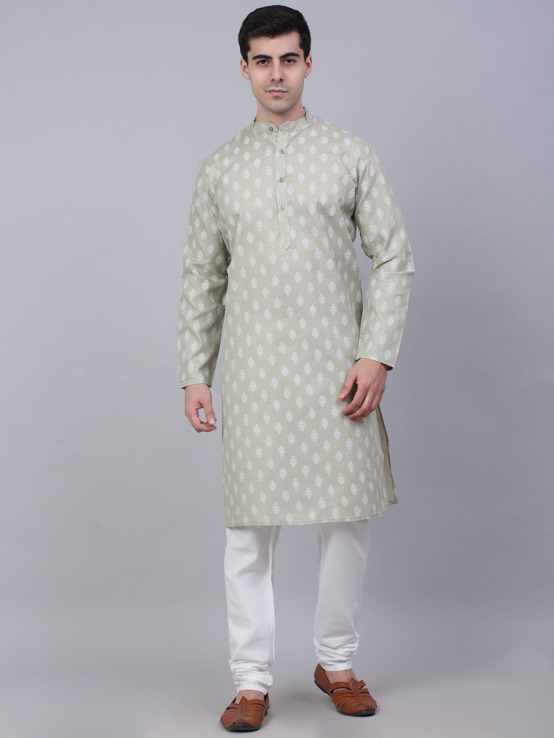 Jompers Men's Cotton Floral printed kurta Pyjama Set - Grey - Distacart