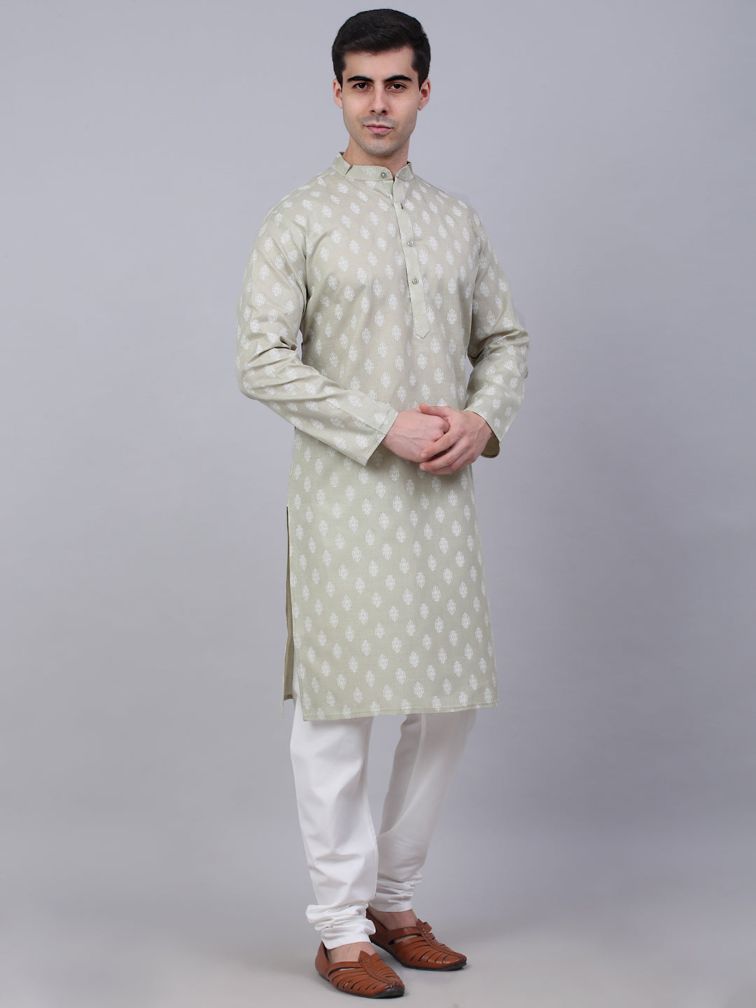 Jompers Men's Cotton Floral printed kurta Pyjama Set - Grey - Distacart