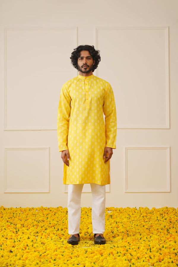Jompers Men's Cotton Floral printed kurta Pyjama Set - Lemon - Distacart