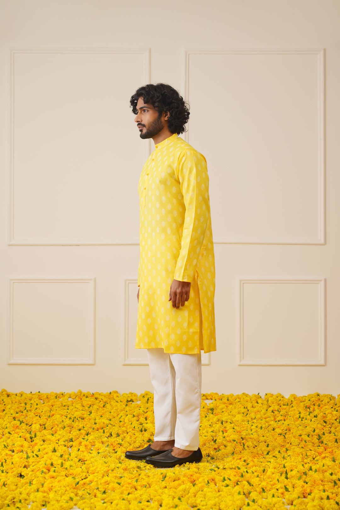 Jompers Men's Cotton Floral printed kurta Pyjama Set - Lemon - Distacart