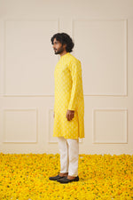 Thumbnail for Jompers Men's Cotton Floral printed kurta Pyjama Set - Lemon - Distacart
