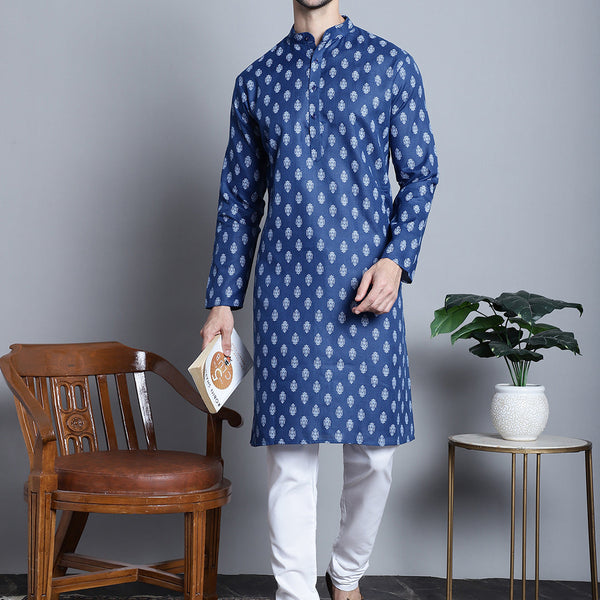Jompers Men's Cotton Floral printed kurta Pyjama - Navy Blue - Distacart