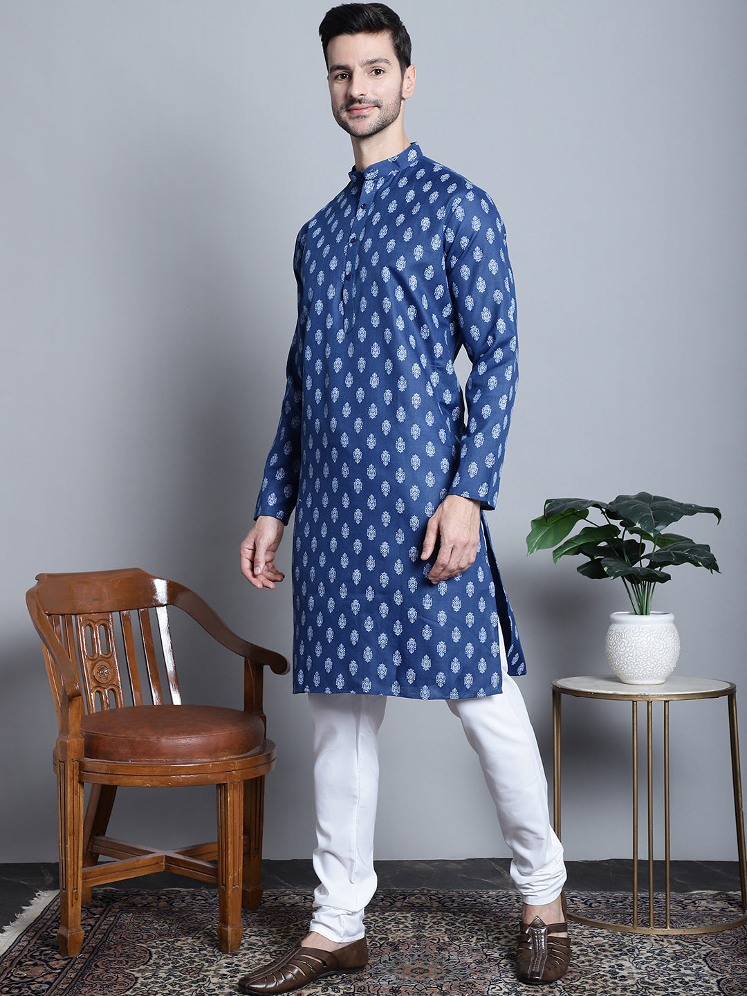 Jompers Men's Cotton Floral printed kurta Pyjama - Navy Blue - Distacart