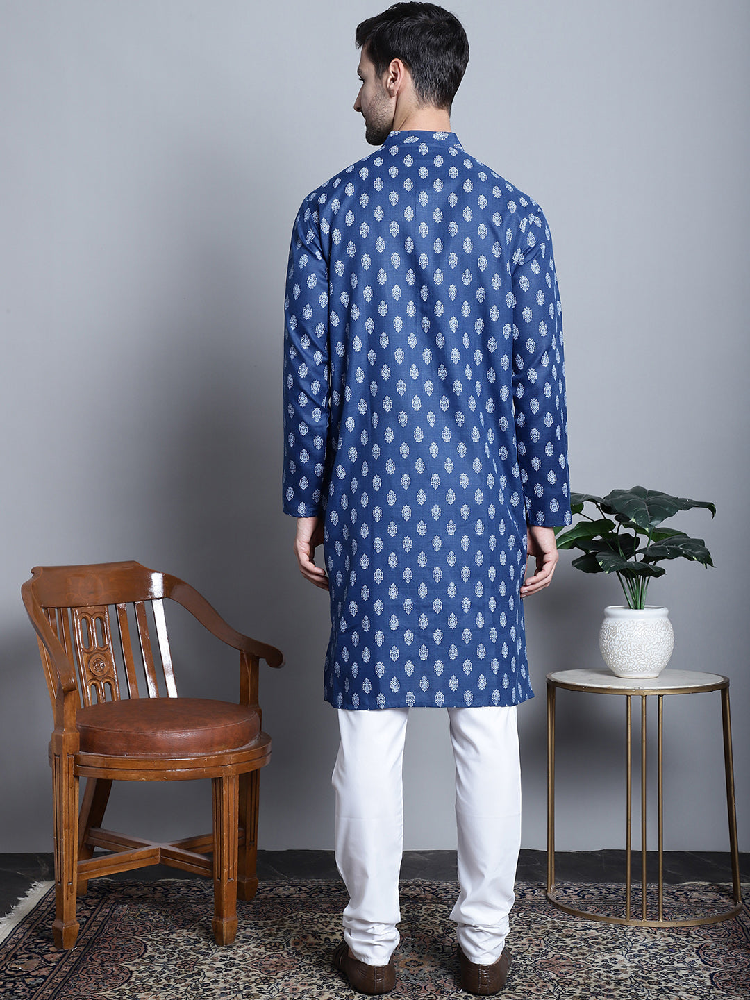 Jompers Men's Cotton Floral printed kurta Pyjama - Navy Blue - Distacart