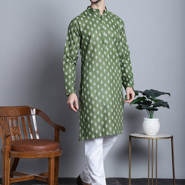 Jompers Men's Cotton Floral printed kurta Pyjama - Olive - Distacart