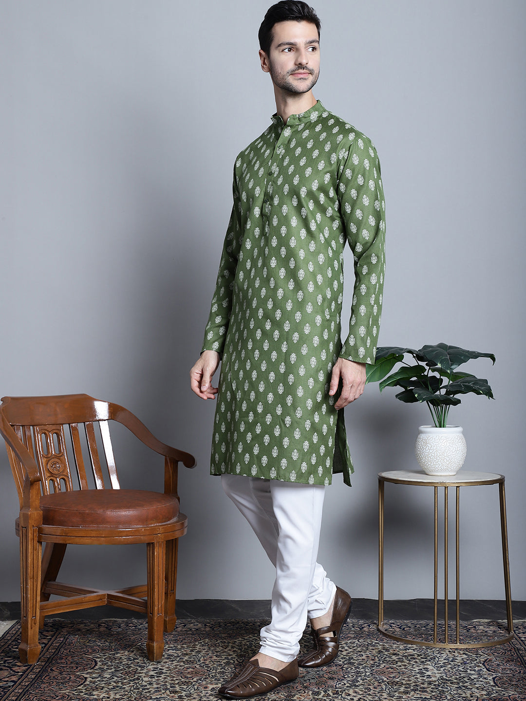 Jompers Men's Cotton Floral printed kurta Pyjama - Olive - Distacart