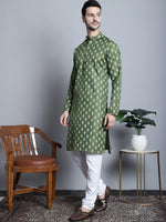 Thumbnail for Jompers Men's Cotton Floral printed kurta Pyjama - Olive - Distacart