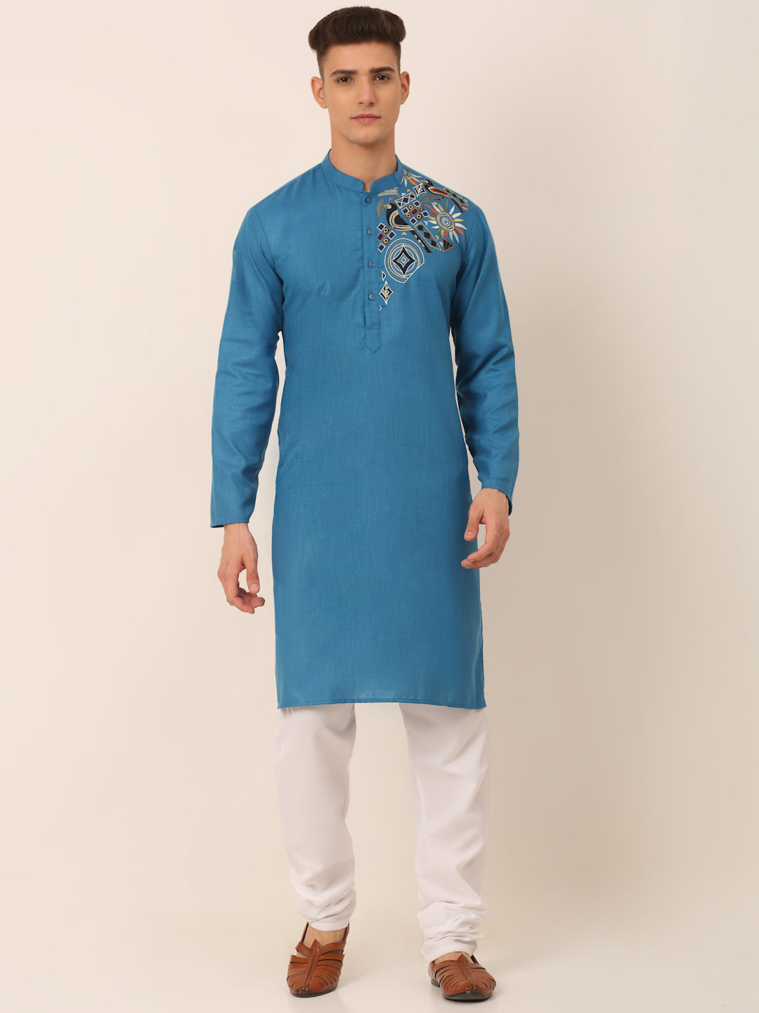 Jompers Men's Cotton Embroidered Kurta Pajama Sets - Peacock - Distacart
