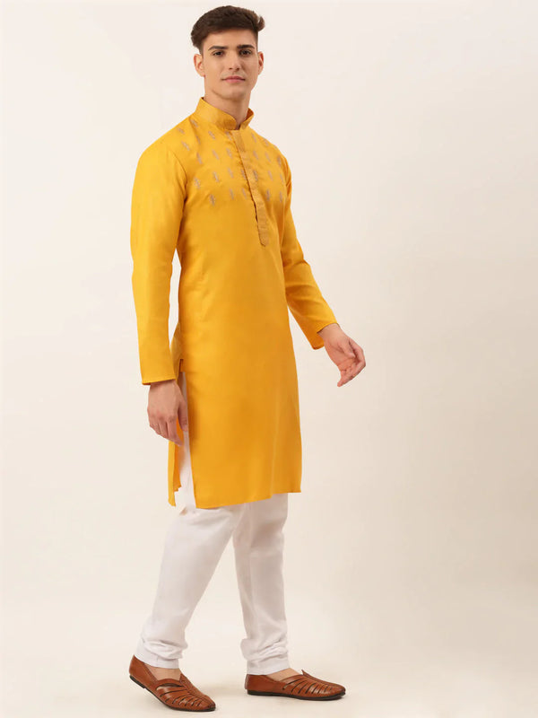Jompers Men's Cotton Embroidered Kurta Pajama Sets - Mustard - Distacart