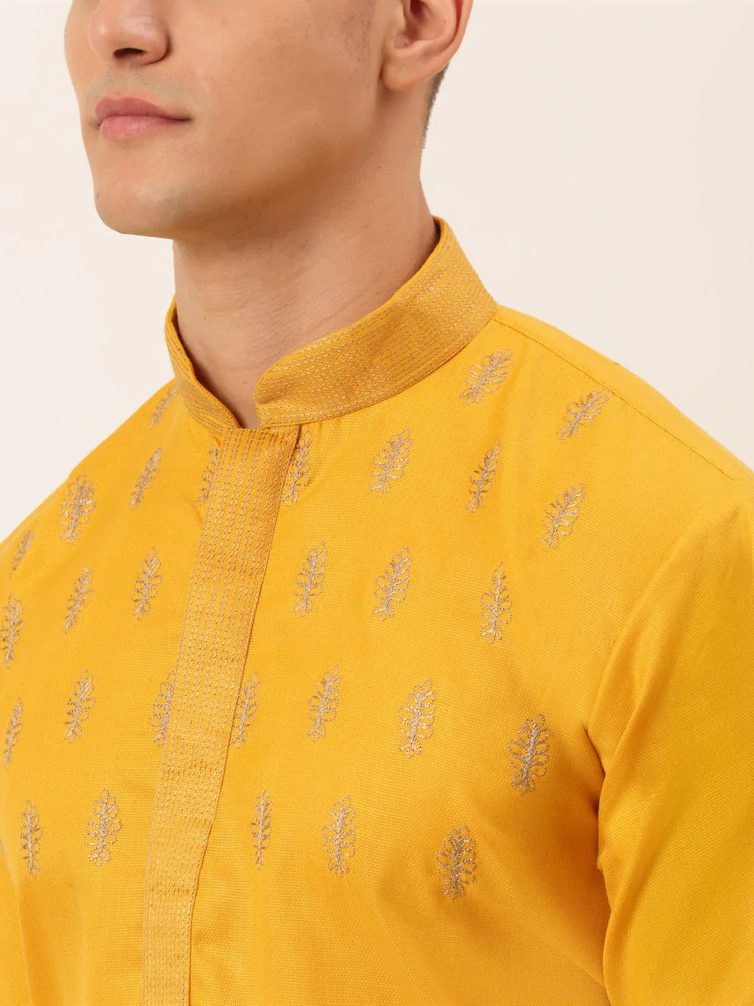 Jompers Men's Cotton Embroidered Kurta Pajama Sets - Mustard - Distacart