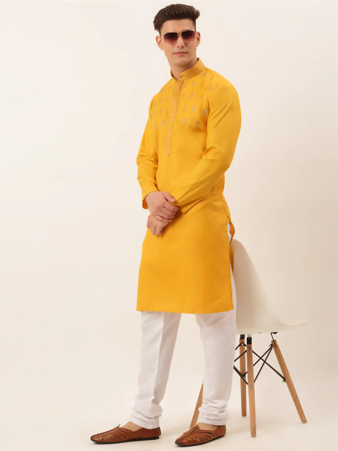 Jompers Men's Cotton Embroidered Kurta Pajama Sets - Mustard - Distacart