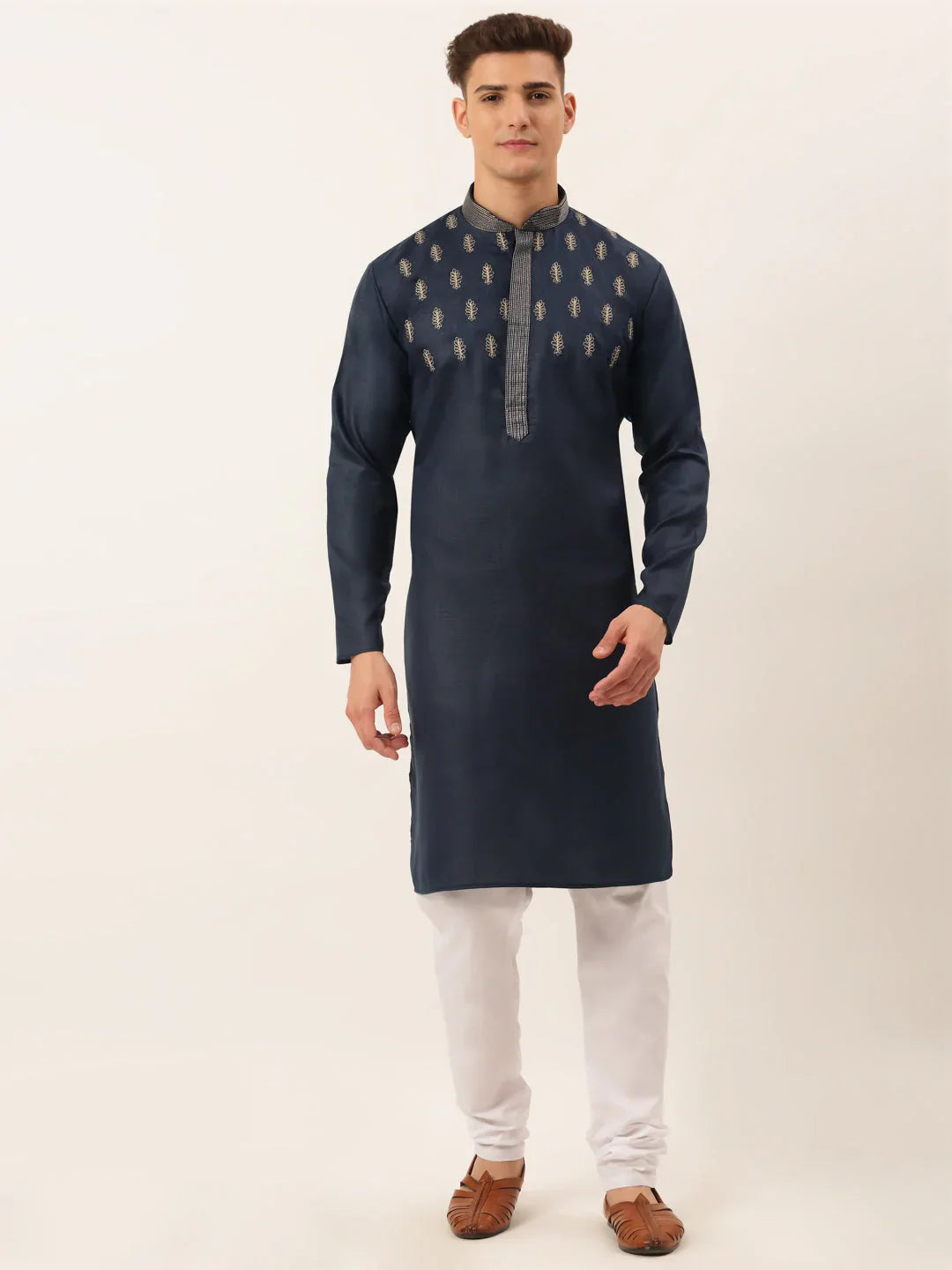 Jompers Men's Cotton Embroidered Kurta Pajama Sets - Navy Blue - Distacart