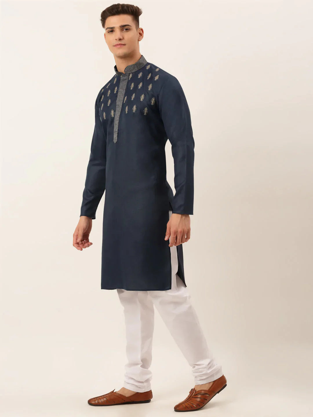Jompers Men's Cotton Embroidered Kurta Pajama Sets - Navy Blue - Distacart