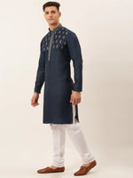 Thumbnail for Jompers Men's Cotton Embroidered Kurta Pajama Sets - Navy Blue - Distacart