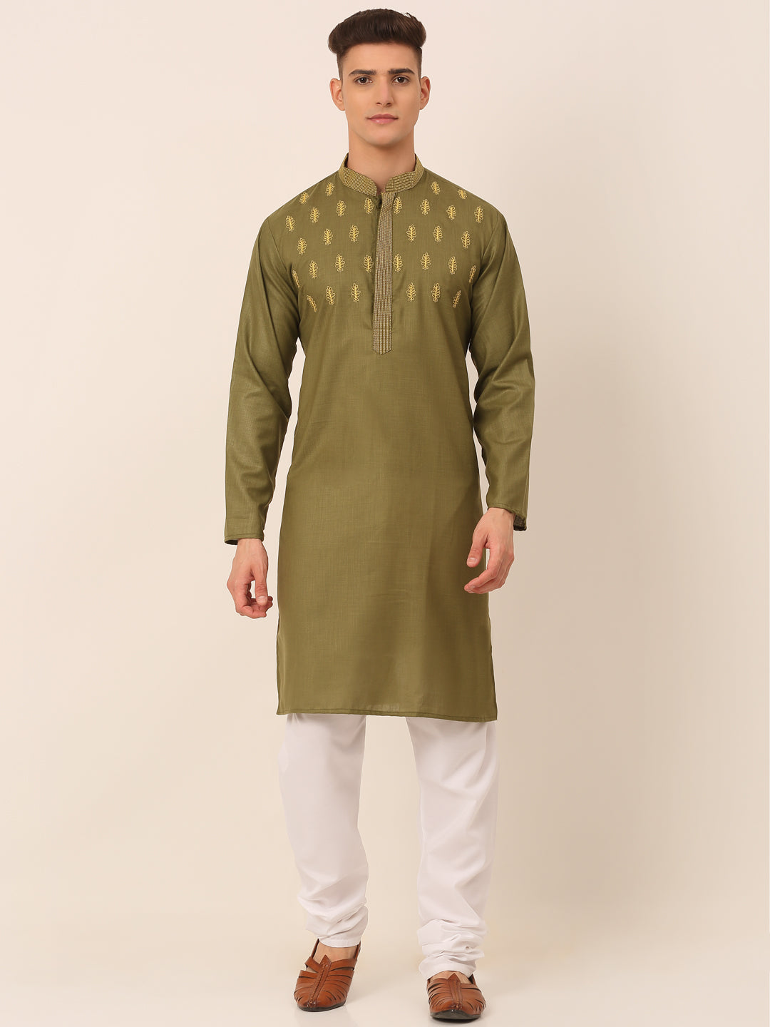 Jompers Men's Olive Green Embroidered Kurta Pajama Sets - Distacart