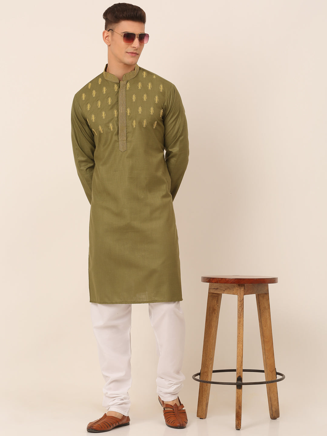 Jompers Men's Olive Green Embroidered Kurta Pajama Sets - Distacart