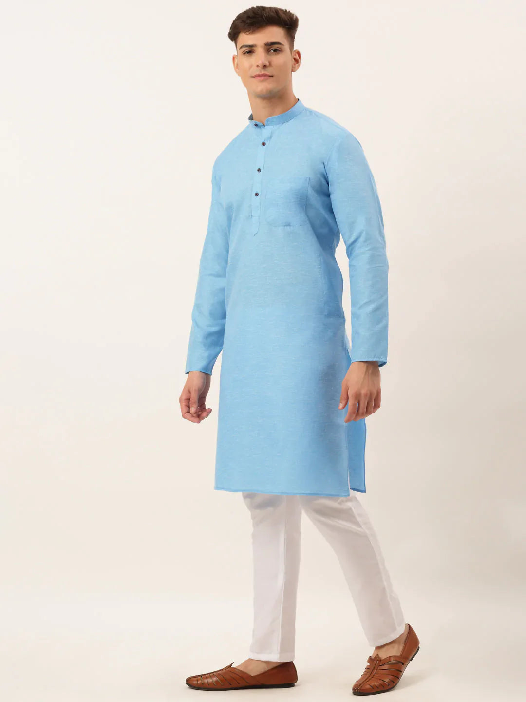 Jompers Men's Cotton Solid Kurta Pajama Set - Sky Blue - Distacart