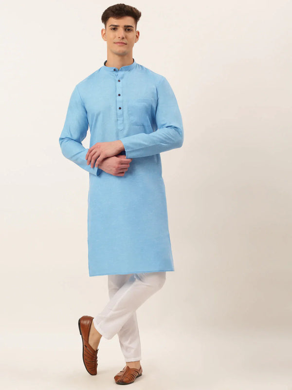 Jompers Men's Cotton Solid Kurta Pajama Set - Sky Blue - Distacart