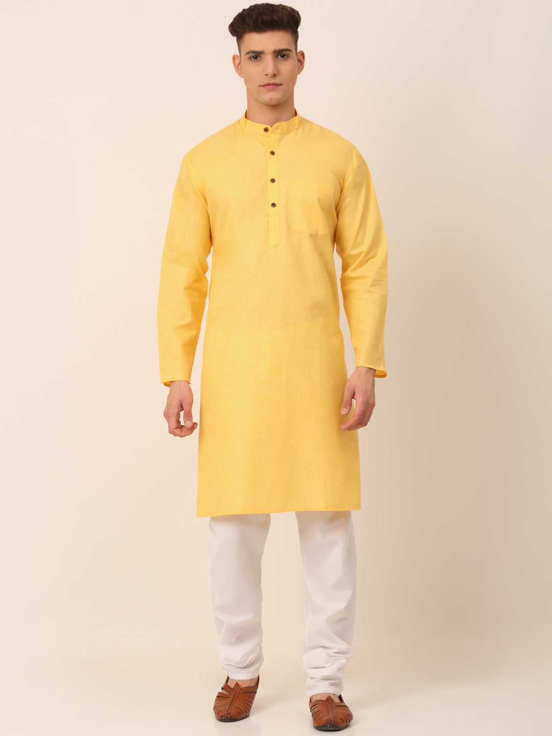 Jompers Men's Cotton Solid Kurta Pajama Sets - Yellow - Distacart