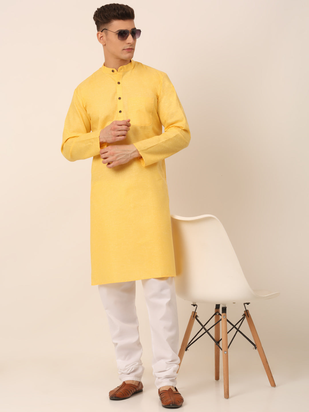 Jompers Men's Cotton Solid Kurta Pajama Sets - Yellow - Distacart