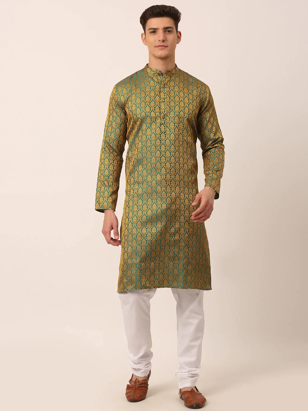Jompers Men's Woven Design Jacquard Kurta Pyjama - Green - Distacart