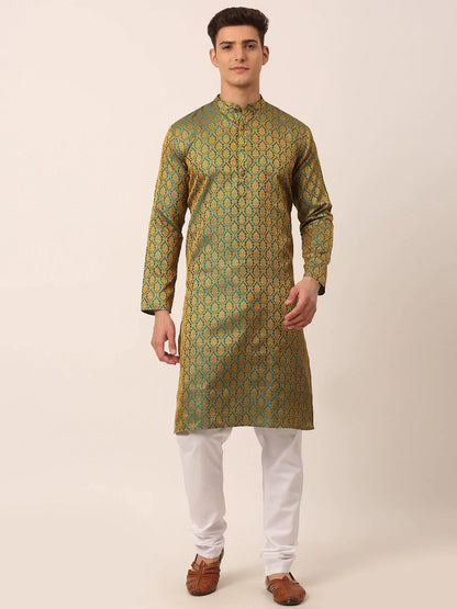 Jompers Men's Woven Design Jacquard Kurta Pyjama - Green - Distacart