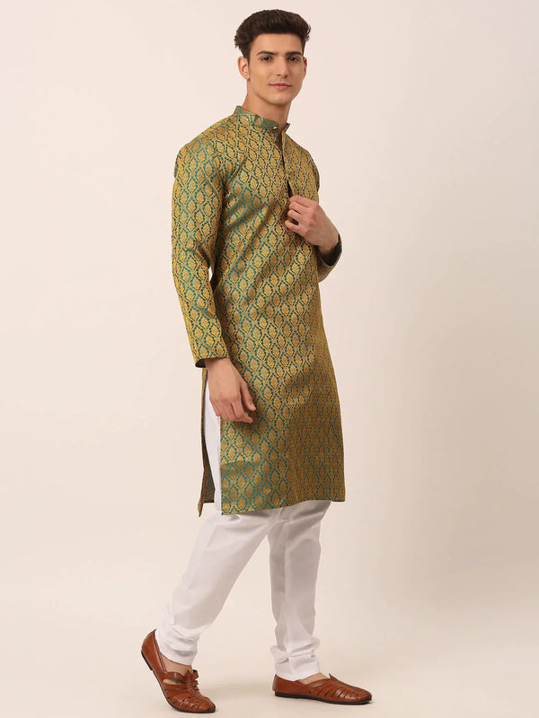 Jompers Men's Woven Design Jacquard Kurta Pyjama - Green - Distacart