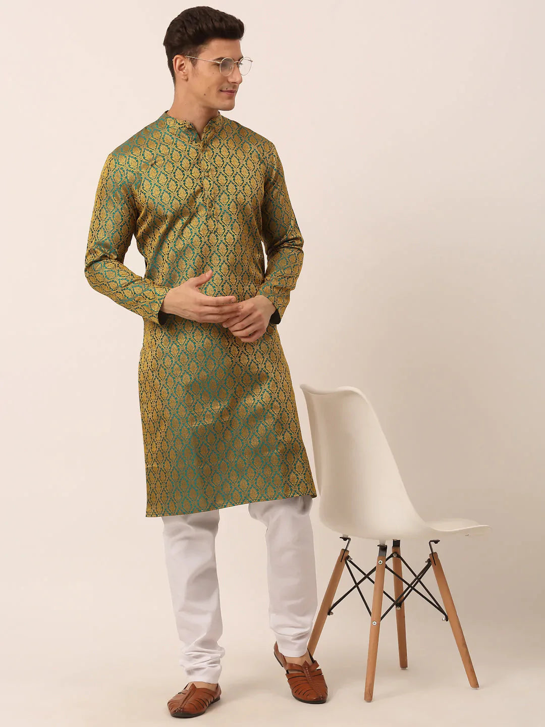 Jompers Men's Woven Design Jacquard Kurta Pyjama - Green - Distacart