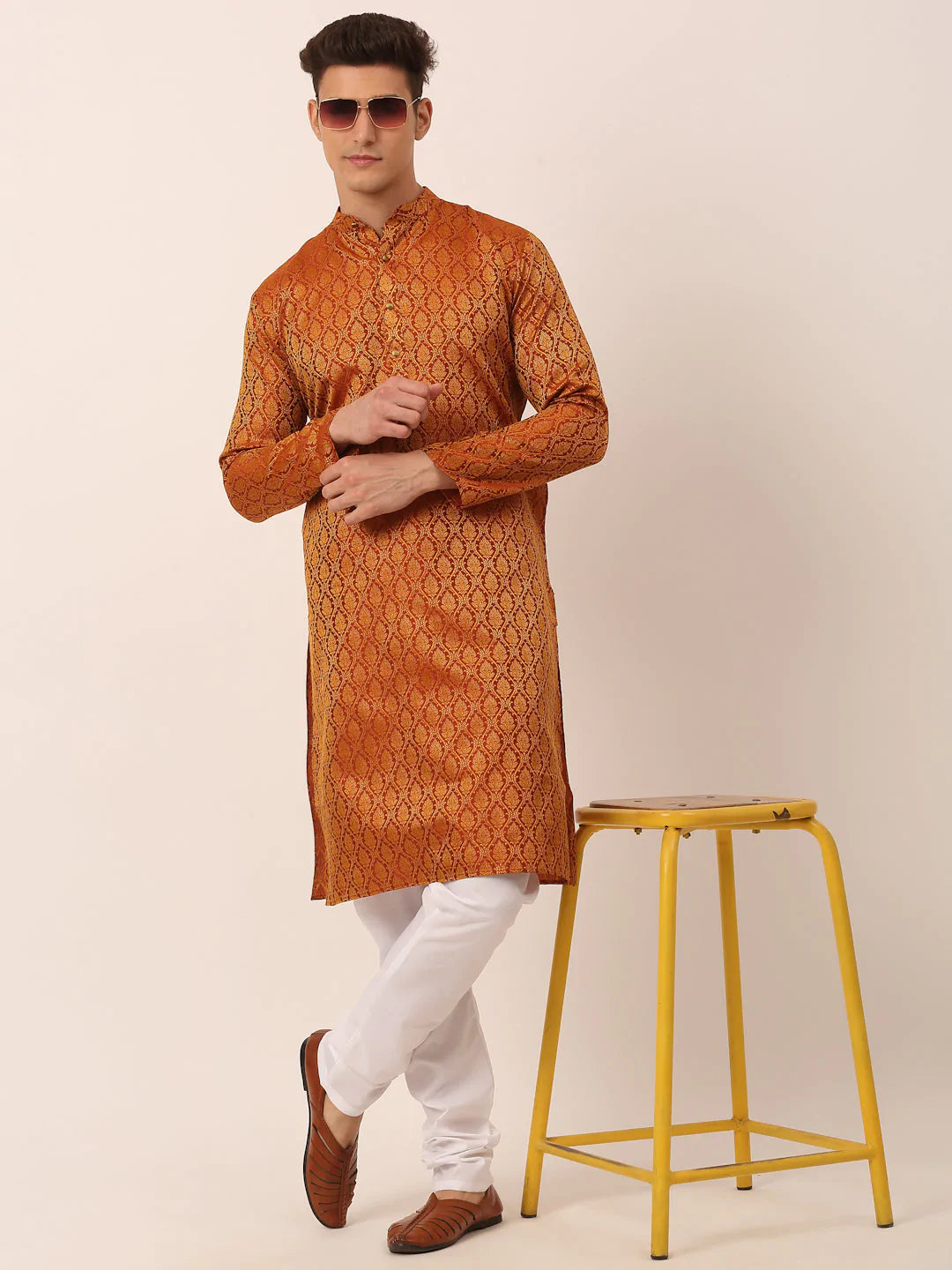 Jompers Men's Woven Design Jacquard Kurta Pyjama - Maroon - Distacart