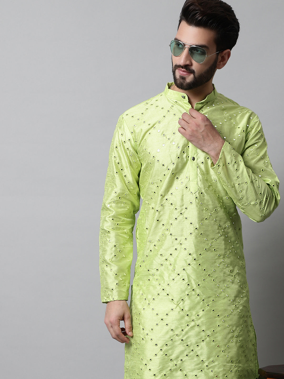 Jompers Men's Lime Green Embroidered Mirror Work Dupion Silk Kurta with Pyjamas - Distacart