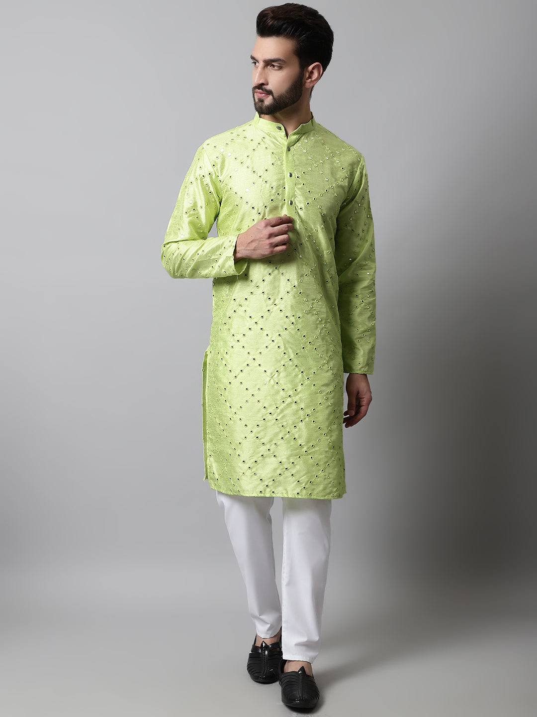Jompers Men's Lime Green Embroidered Mirror Work Dupion Silk Kurta with Pyjamas - Distacart