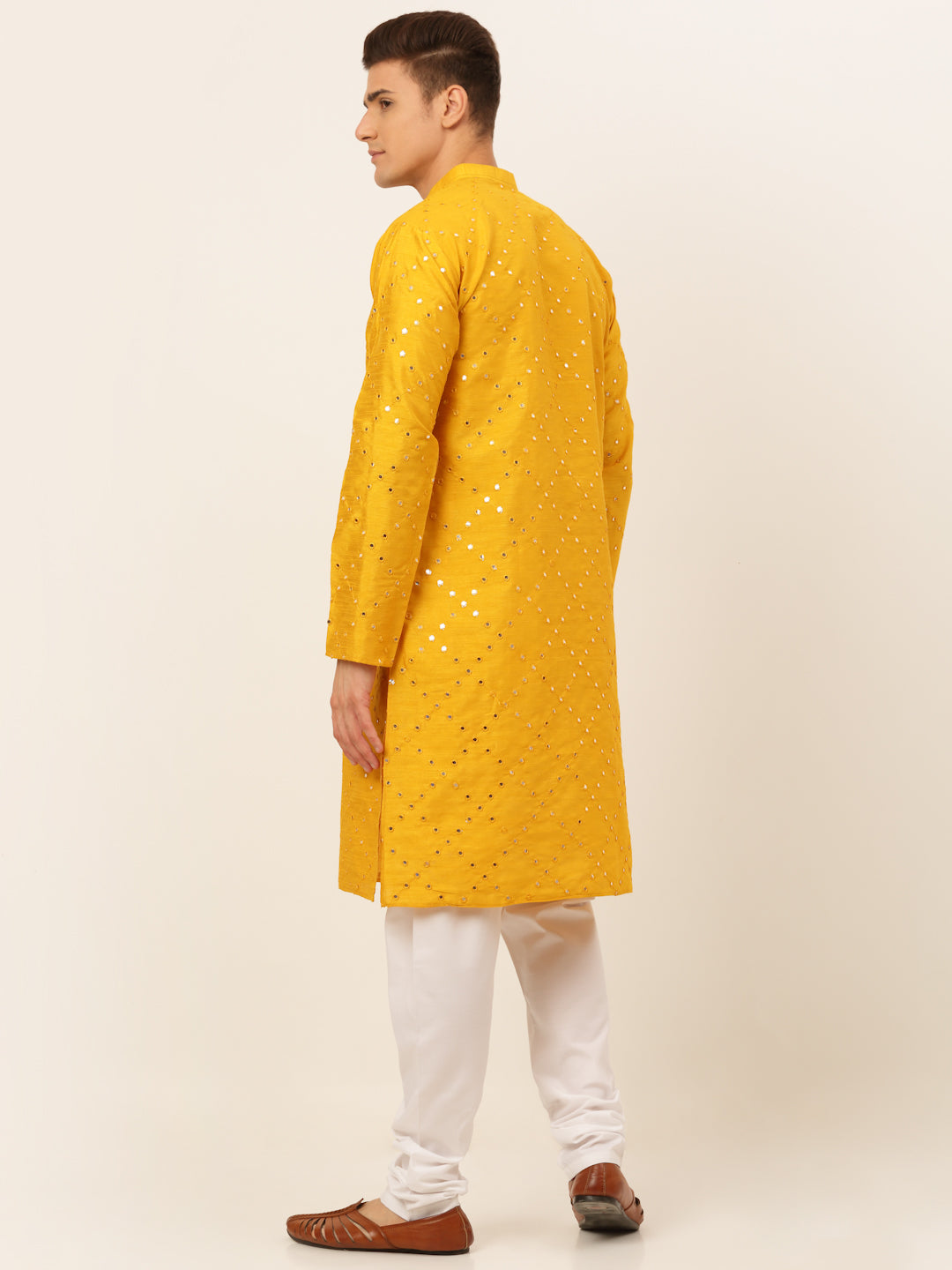 Jompers Men's Dupion Silk Embroidered Kurta Pyjama Set - Mustard - Distacart