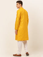 Thumbnail for Jompers Men's Dupion Silk Embroidered Kurta Pyjama Set - Mustard - Distacart