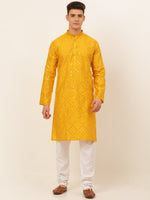 Thumbnail for Jompers Men's Dupion Silk Embroidered Kurta Pyjama Set - Mustard - Distacart