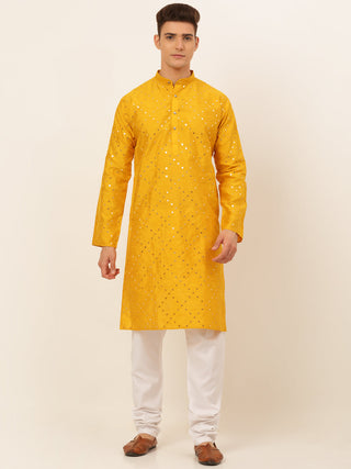 Jompers Men's Dupion Silk Embroidered Kurta Pyjama Set - Mustard - Distacart