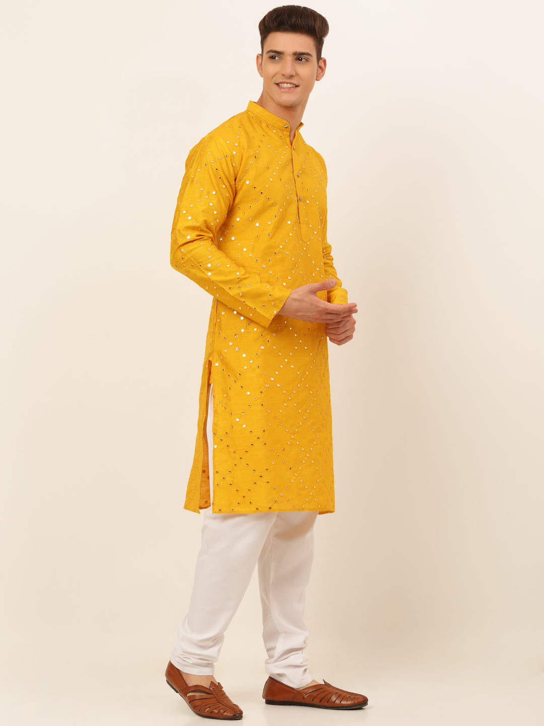 Jompers Men's Dupion Silk Embroidered Kurta Pyjama Set - Mustard - Distacart