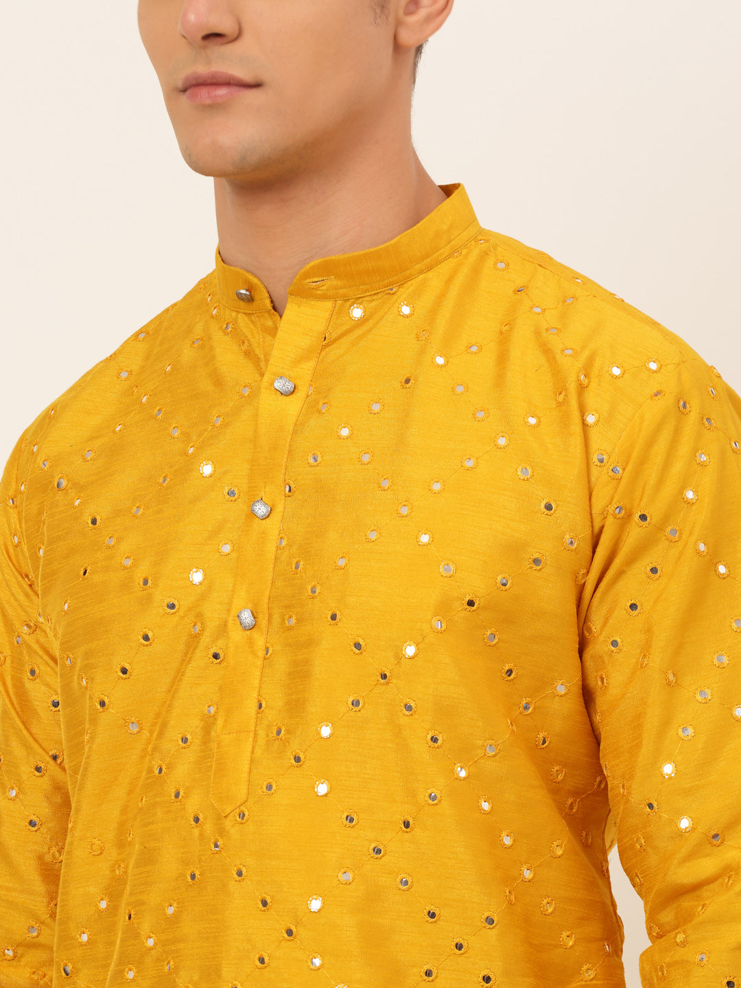 Jompers Men's Dupion Silk Embroidered Kurta Pyjama Set - Mustard - Distacart