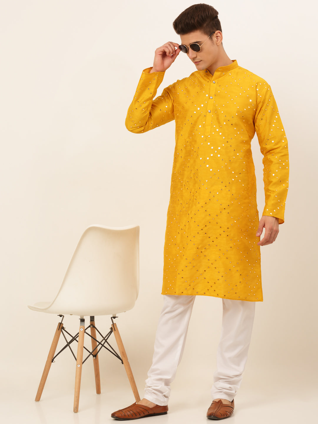 Jompers Men's Dupion Silk Embroidered Kurta Pyjama Set - Mustard - Distacart