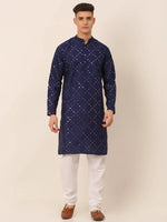 Thumbnail for Jompers Men's Navy Blue Mirror Work Kurta Pyjama - Distacart