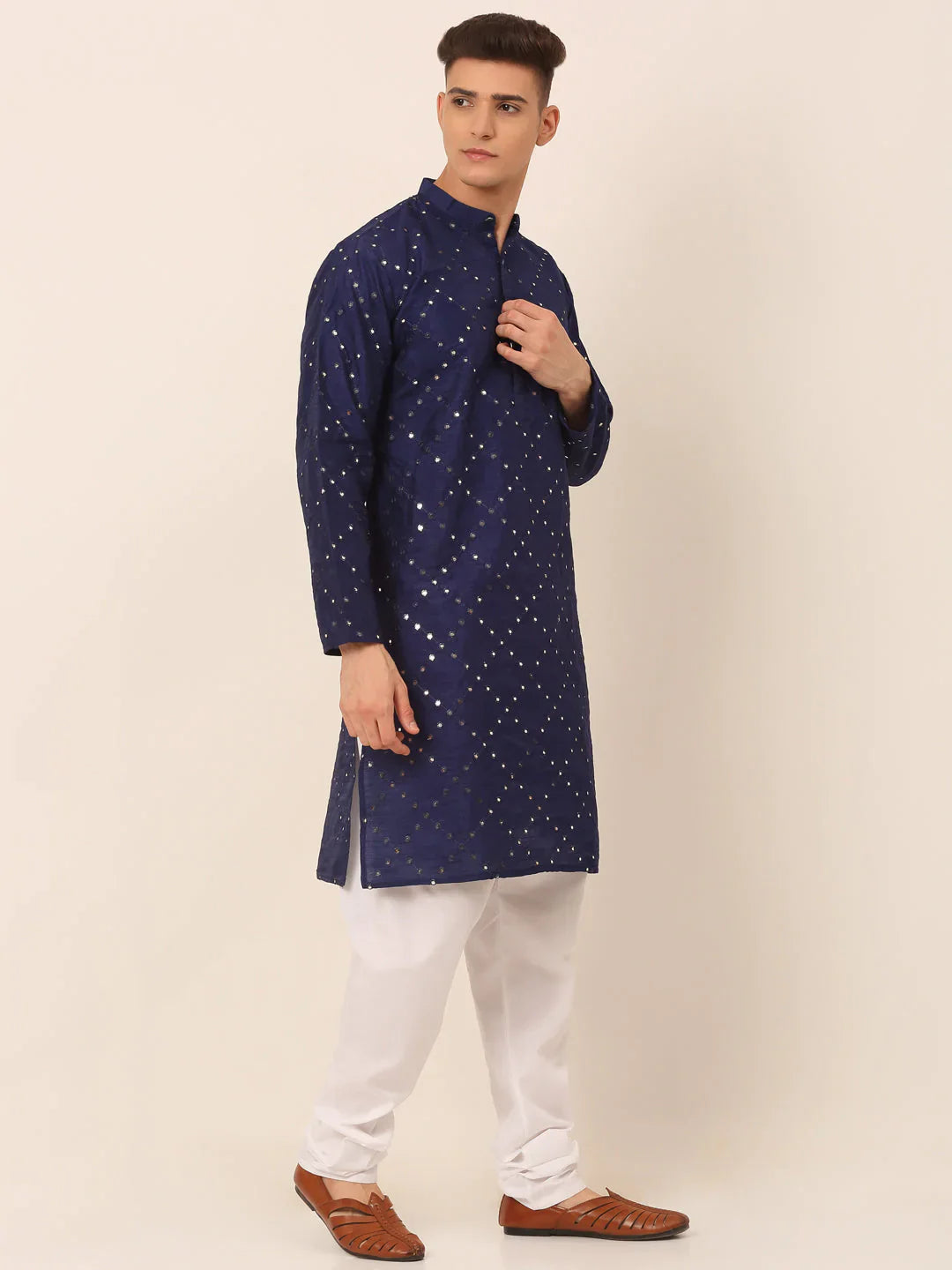 Jompers Men's Navy Blue Mirror Work Kurta Pyjama - Distacart