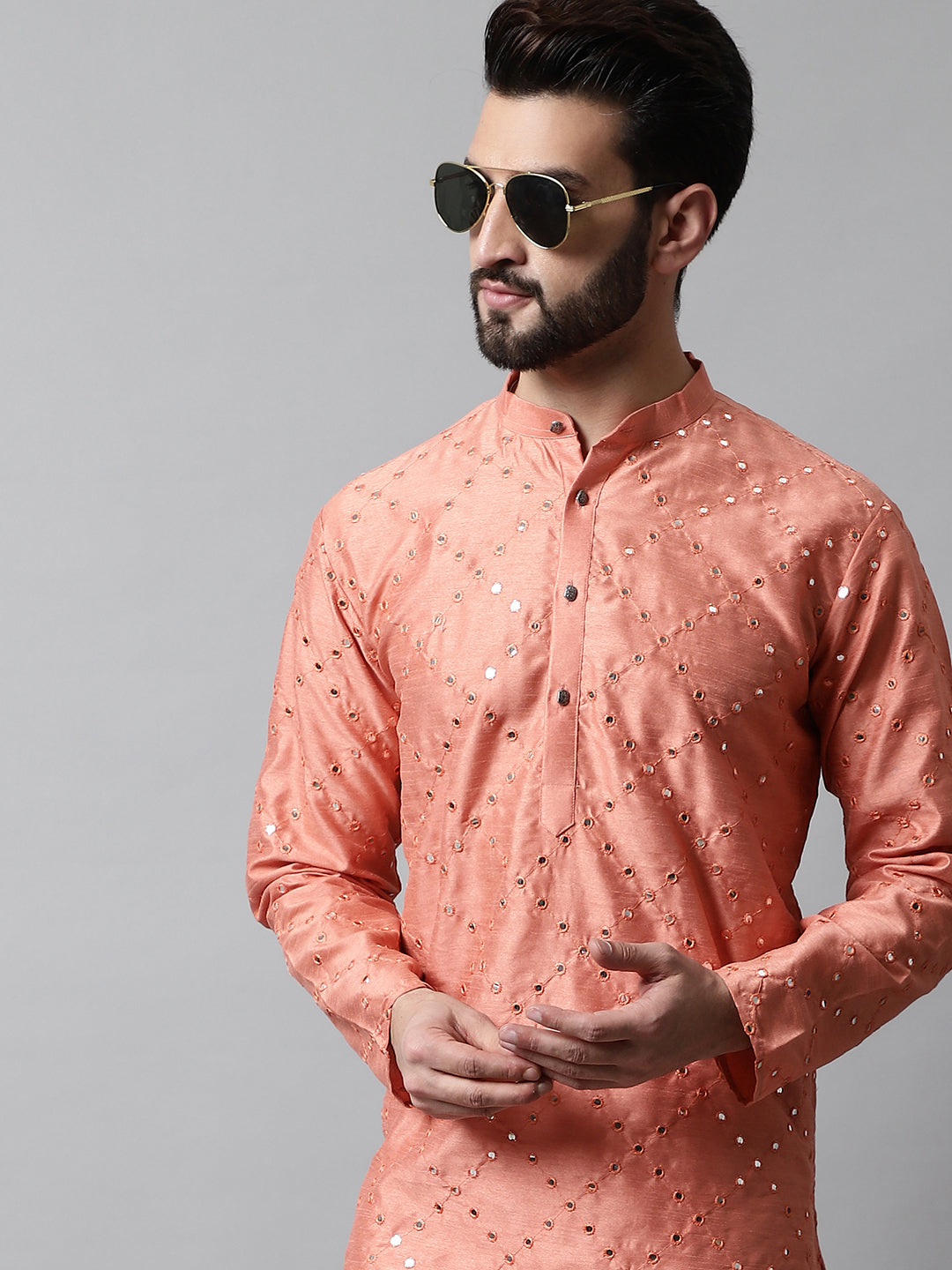 Jompers Men's Peach Embroidered Mirror Work Dupion Silk Kurta with Pyjamas - Distacart