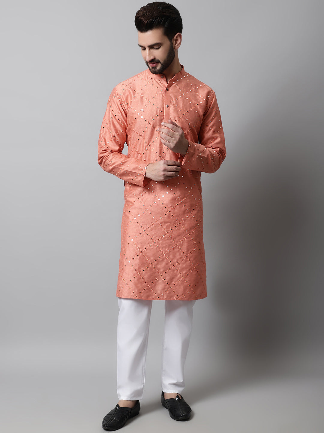 Jompers Men's Peach Embroidered Mirror Work Dupion Silk Kurta with Pyjamas - Distacart