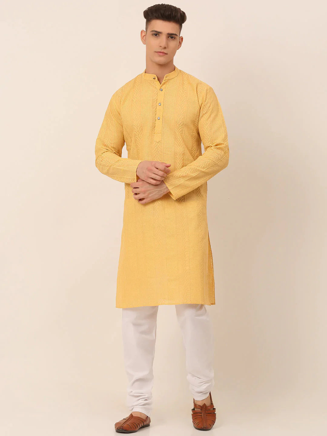 Jompers Men's Pure Cottom Embroidered Kurta Pyjama Set - Beige - Distacart