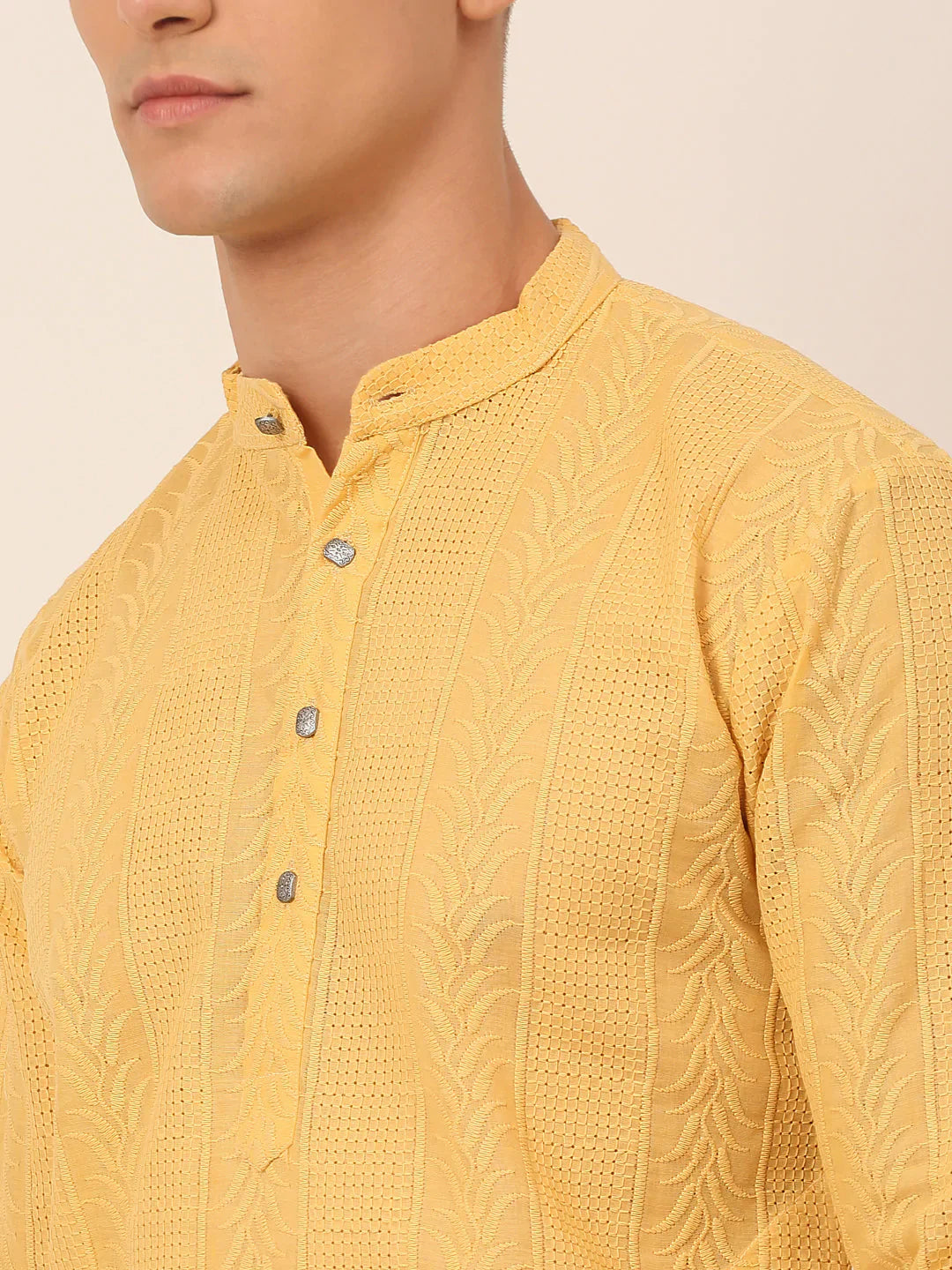 Jompers Men's Pure Cottom Embroidered Kurta Pyjama Set - Beige - Distacart