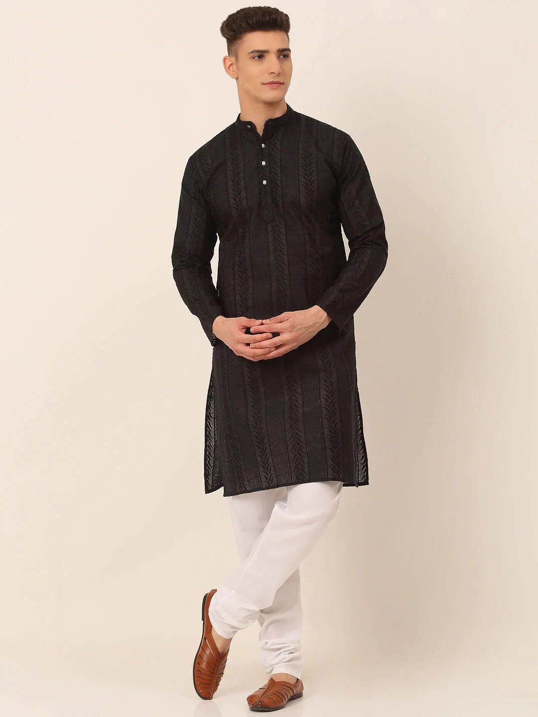 Jompers Men's Pure Cottom Embroidered Kurta Pyjama Set - Black - Distacart