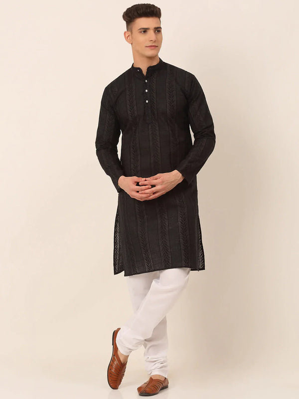 Jompers Men's Pure Cottom Embroidered Kurta Pyjama Set - Black - Distacart