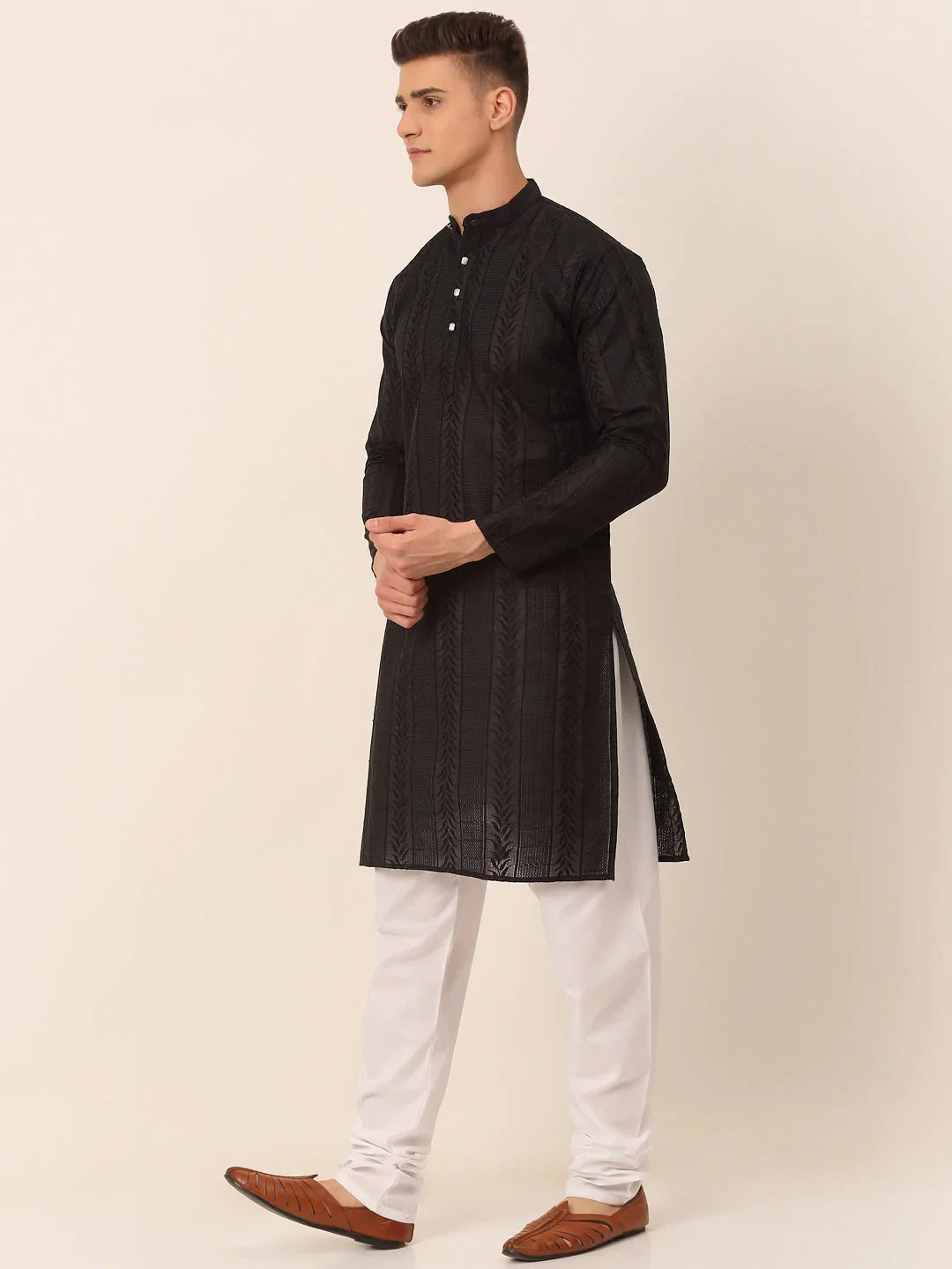 Jompers Men's Pure Cottom Embroidered Kurta Pyjama Set - Black - Distacart